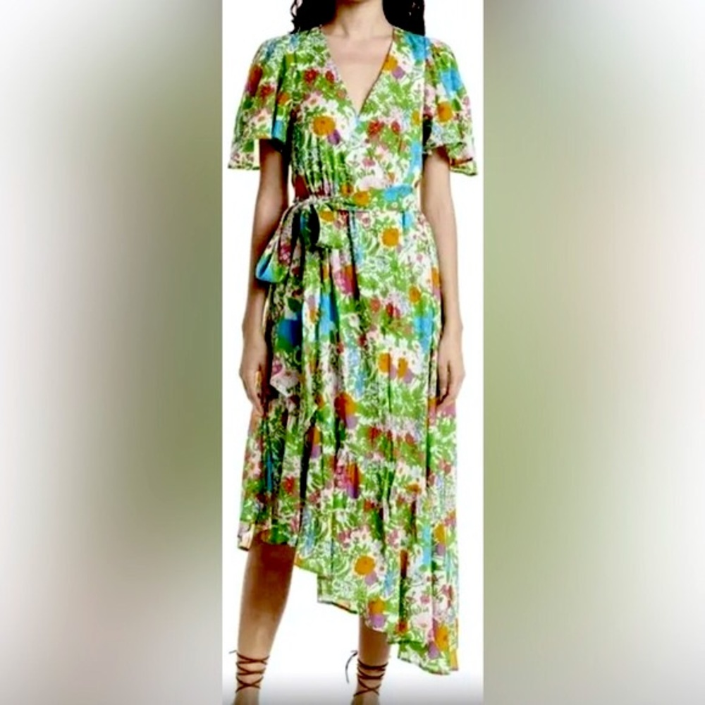 Mille Resort & Travel Helena Floral Wrap Asymmetrical Dress Green Cotton Size M